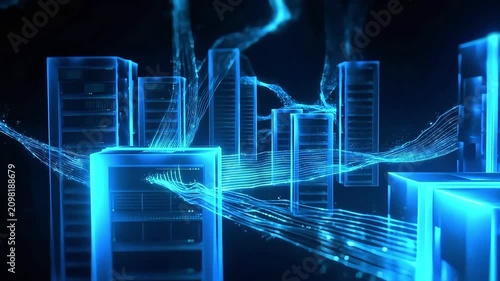 Futuristic cityscape with glowing blue digital network connections and skyscrapers.