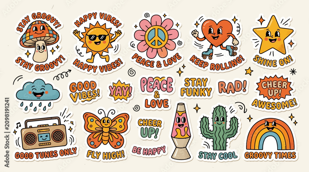 Obraz premium Retro Groovy Seventies Aesthetic Sticker Set Featuring Whimsical Characters and Positive Phrases