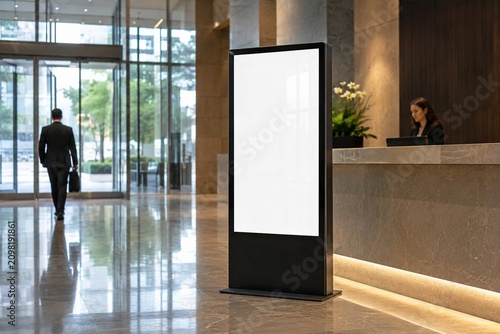 Blank Digital Kiosk Screen Mockup in Office Lobby