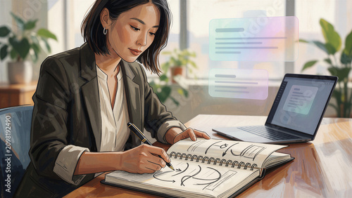 Mid-40s East Asian female educator hand-drawing lesson diagram with colored pencils in bright space