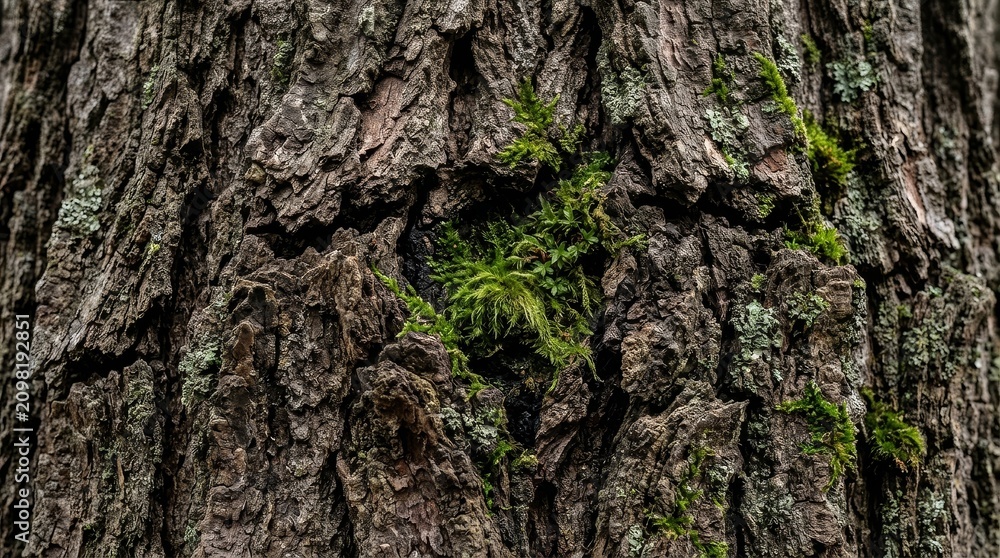 Fototapeta premium Close up of weathered tree bark with vibrant green moss growing