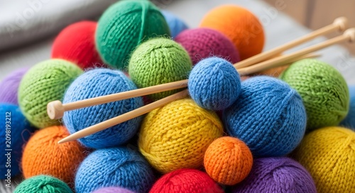Brightly colored knitted balls and wooden crochet hooks arranged in an artistic composition for crafting inspiration.
