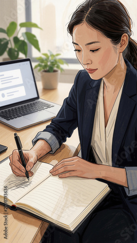 Young East Asian businesswoman hand-drawing mind map in bright modern office with AI support