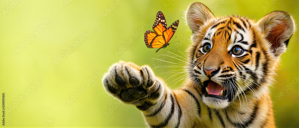 Obraz premium Tiger cub playing with orange butterfly. Small predator discovering nature in forest. Cute wild animal portrait for International Tiger Day. Banner with copy space