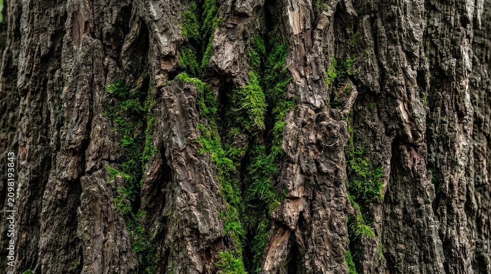 Obraz premium Detailed view of rough tree bark with vibrant green moss