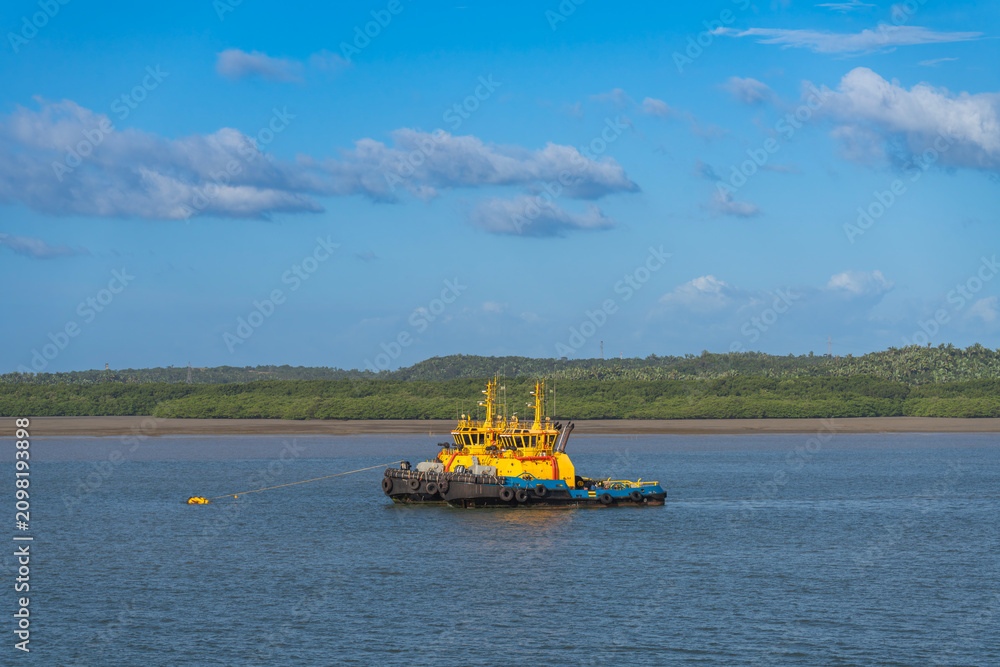 Fototapeta premium Two bright yellow and blue tugboats moored together on a tranquil blue river, pulling a secure line. The background features a dense green coastal forest under a beautiful partly cloudy sky