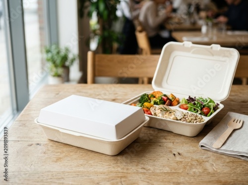 Healthy Takeaway Meal with Grilled Chicken and Vegetables in Eco Friendly Containers on Wooden Cafe Table