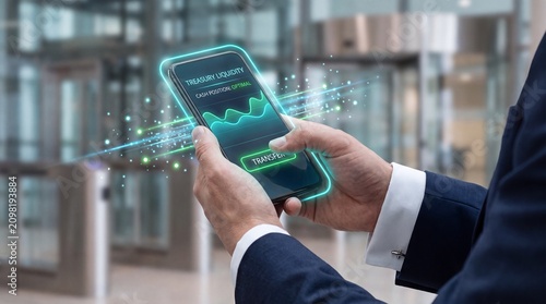 Businessman managing treasury liquidity on glowing augmented reality smartphone interface