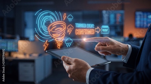 Person interacting with holographic parametric insurance risk and payout model on tablet