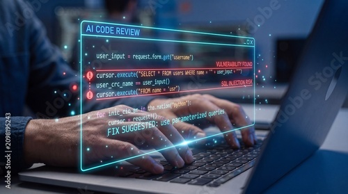 Programmer uses AI code review interface to identify sql injection vulnerability in dark lab