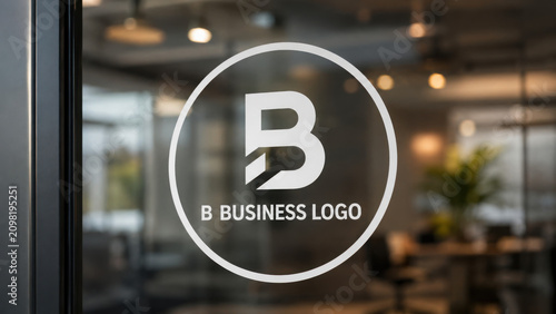 Business logo on glass window with blurred office interior and storefront door mockup for company branding