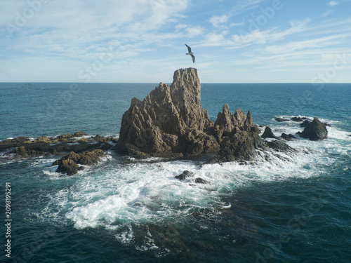 Wild Coastal Landscape, Crashing Waves Strike Jagged Rocky Shoreline, Vast Ocean Horizon Beneath Pale Blue Sky, Winddriven Scenery Illustrating Untouched Wilderness And Natural Preservation Tales