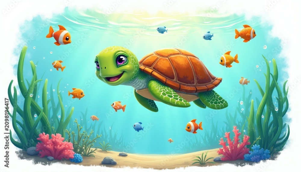 Obraz premium Cute baby sea turtle swims underwater among colorful coral reef, exotic tropical fish. Happy reptile animal floats in blue ocean water near green plants on sandy seabed. Cartoon wildlife scene for