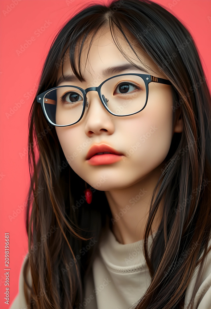 Fototapeta premium Young asian woman with long dark hair and eyeglasses looking forward against a solid red background, Her face is framed by the dark hair, with a subtle red earring visible