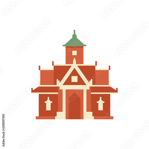 Isolated pixel art traditional building, red facade with cream accents and green roof, simple flat design element