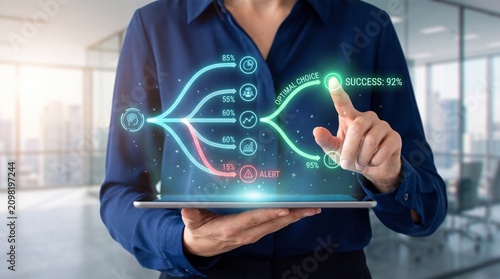 Strategic planner chooses optimal future scenario on glowing data analytics hologram