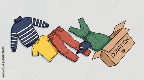 Assorted colorful clothes including sweater yellow shirt and pants placed near a donation cardboard box with heart symbol, symbolizing social charity and representing sustainable fashion