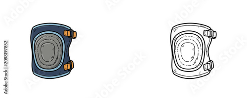 Photos Protective sports knee pad illustrations with adjustable orange straps shown in