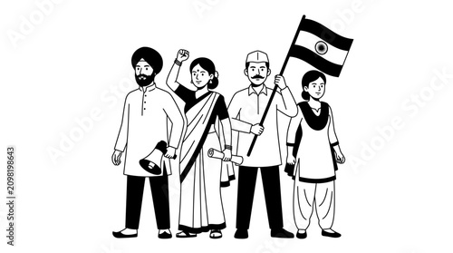 A group of diverse Indian citizens standing together holding a national flag and a megaphone.