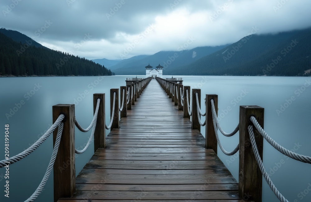 Obraz premium Long wooden dock stretches into calm lake water toward small white pavilion under cloudy sky. Forest mountains surround peaceful bay scenery. Empty pier walkway with rope railings offers quiet nature