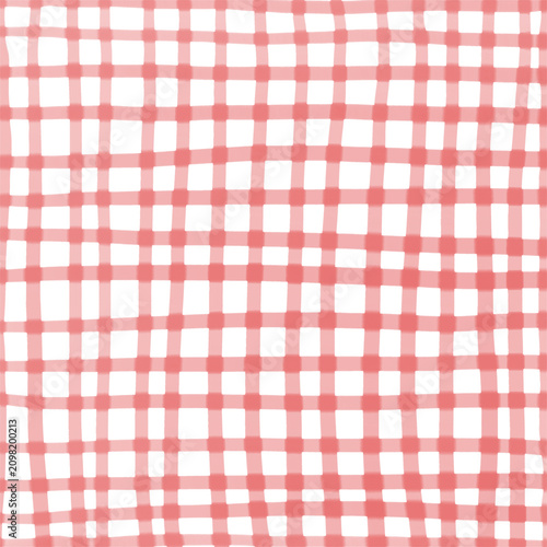 Crimson red tartan checkered pattern. Hand-drawn pink rustic cottagecore gingham watercolor tablecloth design for vintage kitchen wallpaper, cozy picnic blankets, and DIY scrapbooks.
