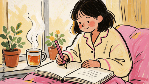 Naive Hand-Drawn Illustration of Woman Journaling by Sunlit Window