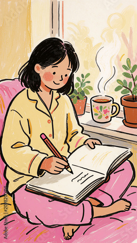 Naive Hand-Drawn Illustration of Woman Journaling by Sunlit Window