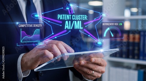 Lawyer analyzes AI/ml patent cluster and low infringement risk data on holographic tablet