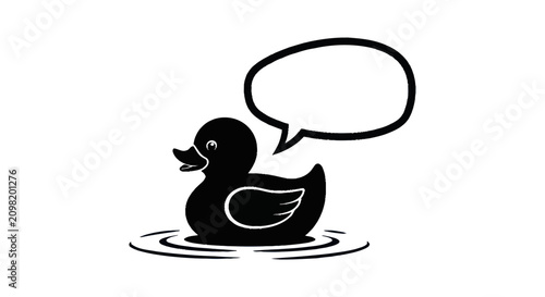 Schilderij op canvas Cute Rubber Duck Floating on Water with Speech Bubble.