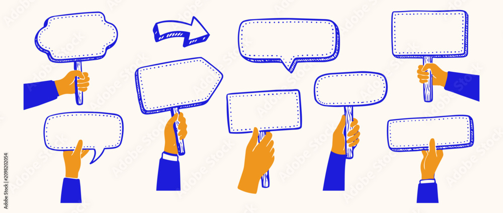 Φωτογραφία Handheld Message Boards: A collection of diverse, hand-drawn speech bubbles and signboards held aloft by hands, inviting creative expression and communication