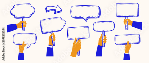 Fotografie Handheld Message Boards: A collection of diverse, hand-drawn speech bubbles and signboards held aloft by hands, inviting creative expression and communication