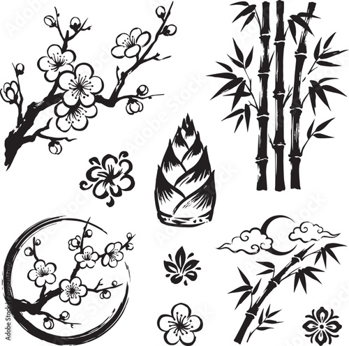 Traditional Chinese plum blossoms and bamboo elements for National Day China celebrations in brushstroke style