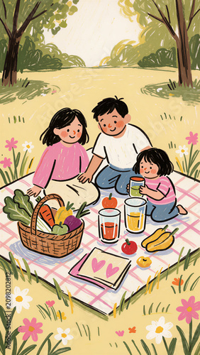 Naive Hand-Drawn Illustration of Family Eco-Friendly Picnic in Park