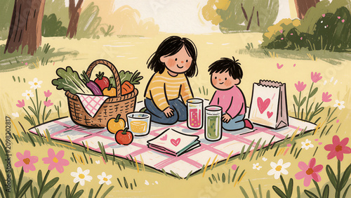 Naive Hand-Drawn Illustration of Family Eco-Friendly Picnic in Park