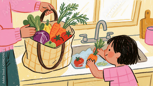 Naive Hand-Drawn Illustration of Unpacking Local Vegetables in Cozy Kitchen