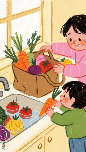 Naive Hand-Drawn Illustration of Unpacking Local Vegetables in Cozy Kitchen