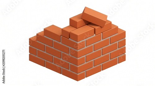 A 3D isometric illustration of red bricks neatly stacked, forming a partial wall structure, on a clean white background