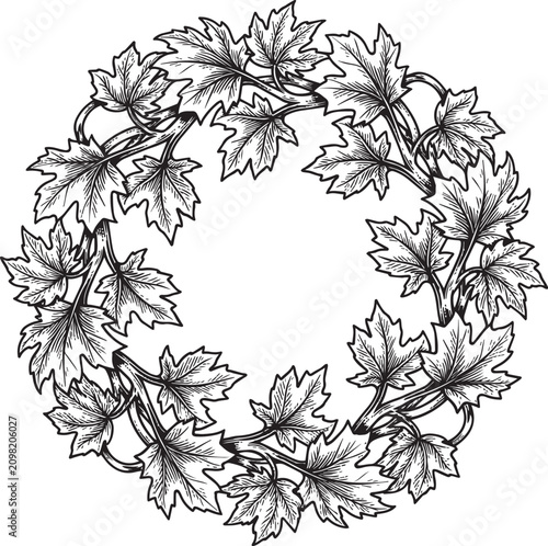 Thanksgiving Canada maple leaf wreath vector illustration with subtle vine details