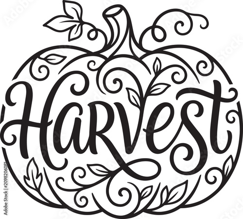 Ornate Thanksgiving Canada harvest pumpkin with swirling vines and leaves in a decorative style
