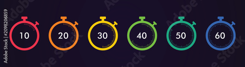 Tableau sur toile Colorful Stopwatch Icons Displaying Time Intervals from Ten to Sixty Seconds in