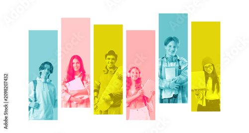 Diverse group of smiling young students with technology and school supplies, ...