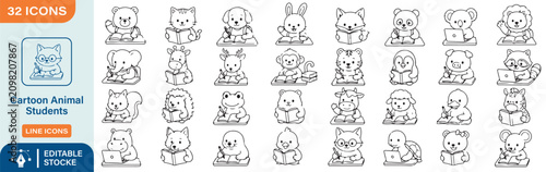 Canvas Print 32 Cartoon Animal Student Vector Outline Icons Set – Cute School Animals, Readin