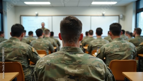 Military personnel attend a classroom training session. Soldiers learn new skills for career advancement. Instructor teaches class about future opportunities for veterans.