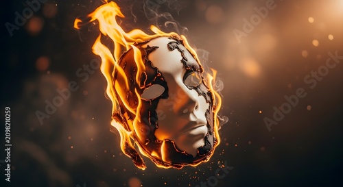 A mesmerizing abstract depiction of a porcelain mask consumed by vibrant orange and yellow flames, dramatically illuminating a dark, smoky void filled with ethereal particles and glowing embers