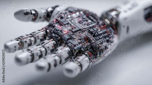 close-up of a highly detailed robotic hand with visible circuitry and mechanical components