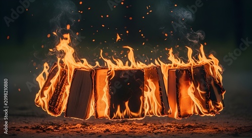 Surreal fantasy concept of levitating books engulfed in bright burning flames and glowing sparks in dark background