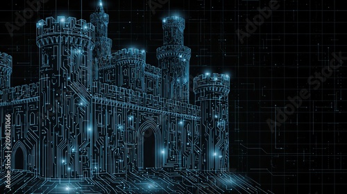 Digital wireframe castle hologram blue