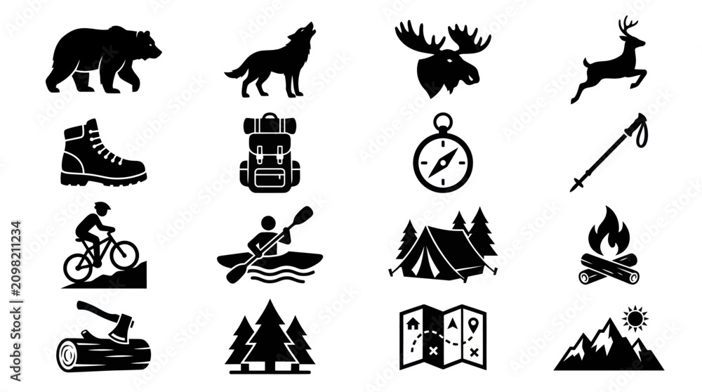 Fototapeta premium Black outdoor camping and wilderness adventure icon collection.