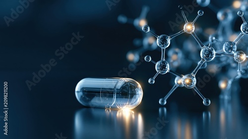 Glowing medicine capsule pill molecule structure pharmaceutical drug research science blue