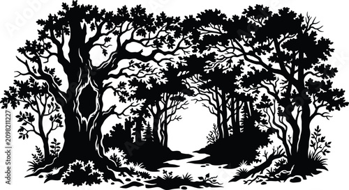 Foto Enchanted forest landscape silhouette with old hollow oak tree and winding path
